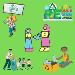 Cartoon graphics showing reduce, reuse, recycle images