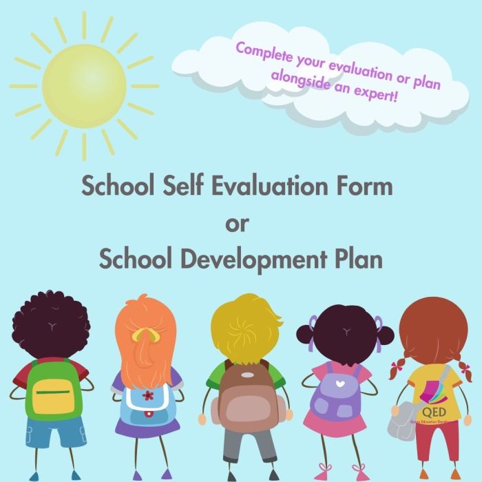 Children standing in a line wearing back packs withe the text school self evaluation form or school development plan