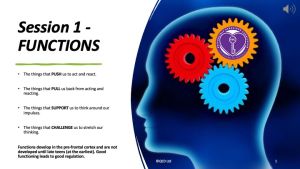 Example slide from the Responsible Behaviour Curriculum - Title reads session 1 Functions - there is an image of a brain with cogs and bullet points explaining functions.