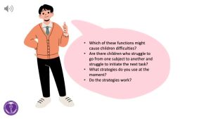 Example slide from the Responsible Behaviour Curriculum - a slide to prompt discussion with a cartoon of a man and prompts in a speech bubble